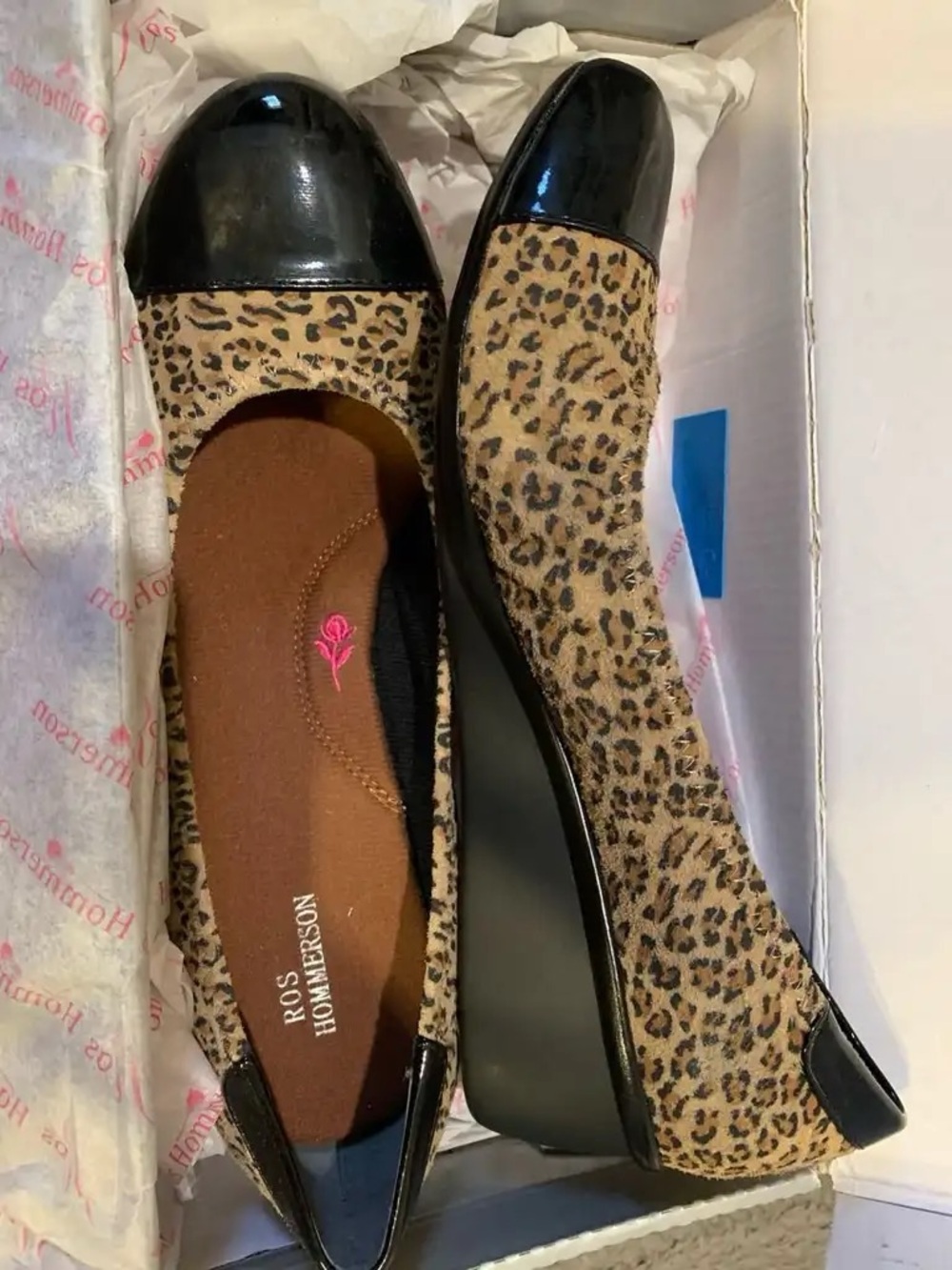 Ros Hommerson Leopard-Print Wedge Pumps with Black Patent Cap Toe